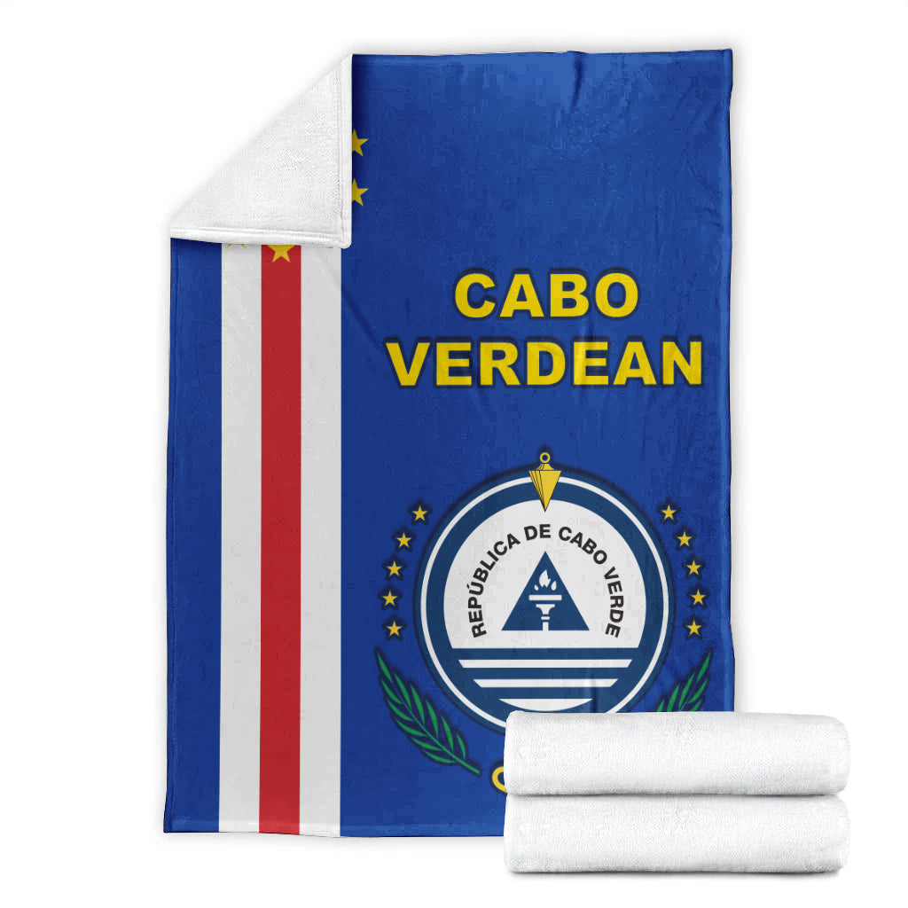 Blue Cabo Verdean blanket with vertical stripe, laurel crest, and folded corner