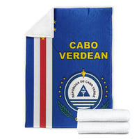 Blue Cabo Verdean blanket with vertical stripe, laurel crest, and folded corner
