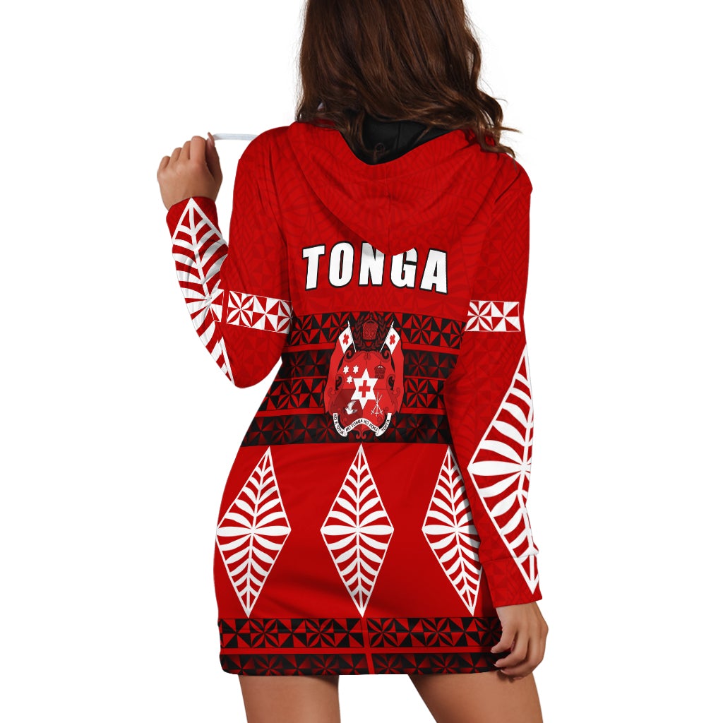 Red Tonga hoodie dress back view with TONGA text, hood, and patterned hem