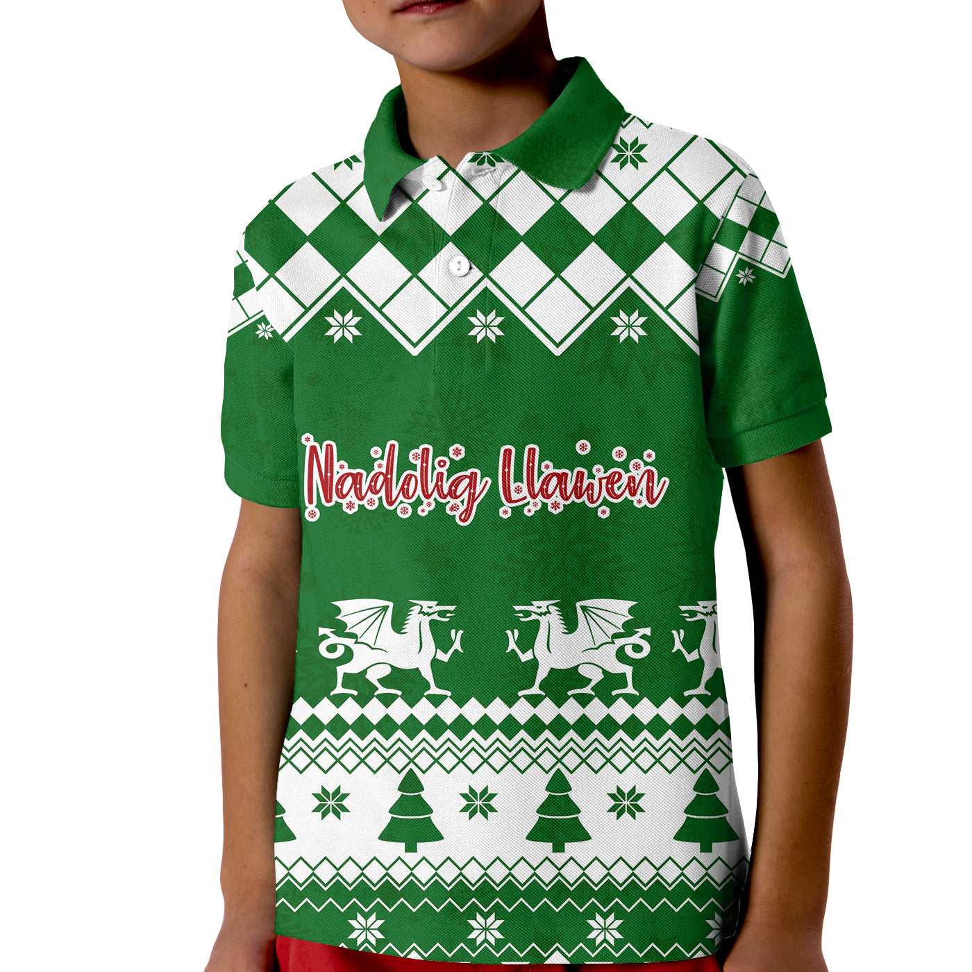 red-dragon-nadolig-llawen-wales-christmas-kid-polo-shirt-simple-style