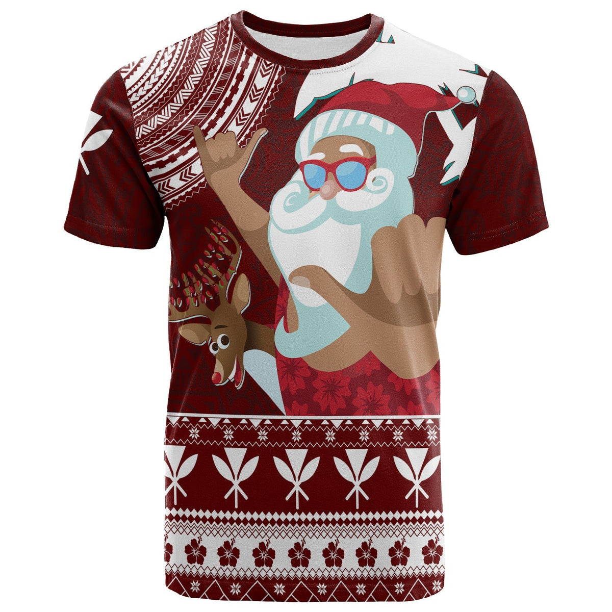 Red tropical Santa Claus graphic T-shirt with sunglasses and island patterns