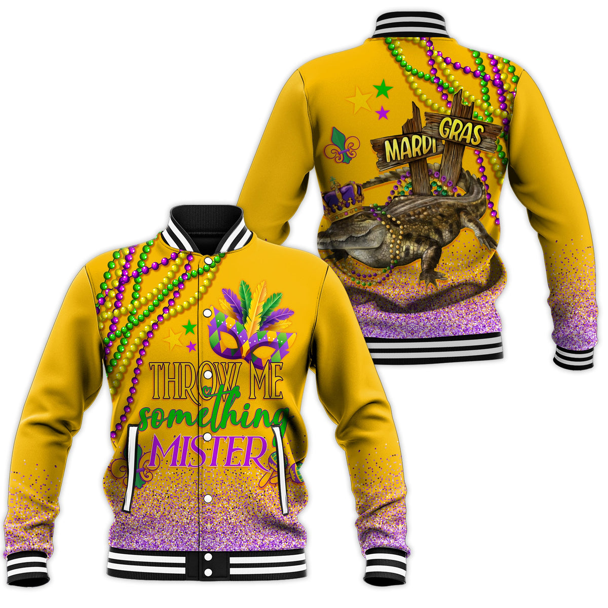 Yellow baseball jacket with Mardi Gras graphic, multicolor bead trim, striped rib cuffs