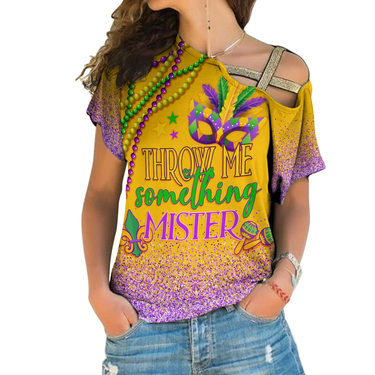 Yellow cold-shoulder T-shirt with purple speckle and colorful Mister graphic