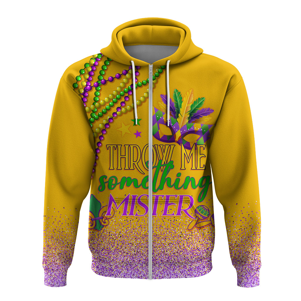 Yellow zip hoodie with Mardi Gras graphic, glitter purple lower section, front zipper