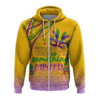 Yellow zip hoodie with Mardi Gras graphic, glitter purple lower section, front zipper