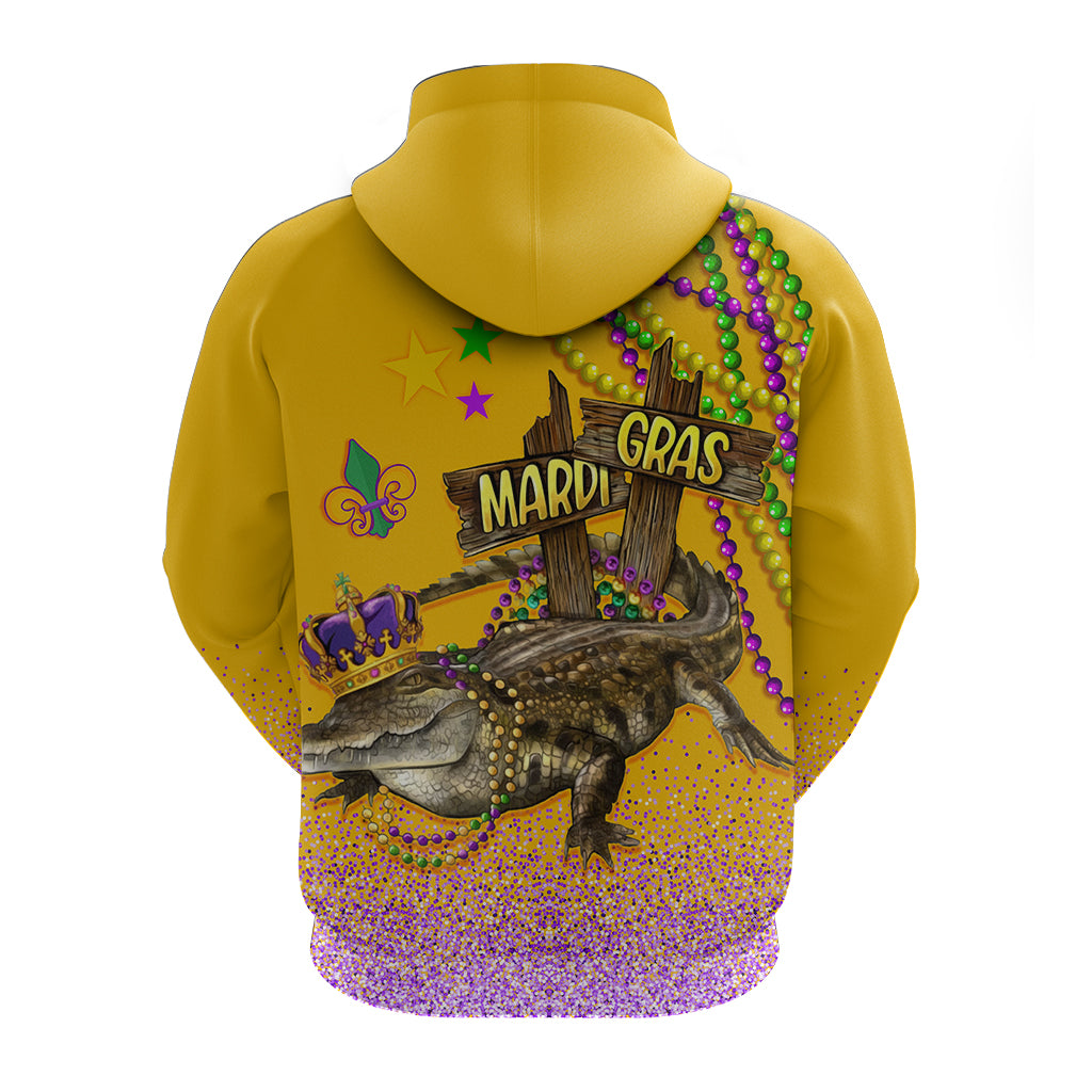 Yellow hoodie back with Mardi Gras sign, alligator illustration, bead garlands, purple glitter