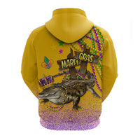 Yellow hoodie back with Mardi Gras sign, alligator illustration, bead garlands, purple glitter