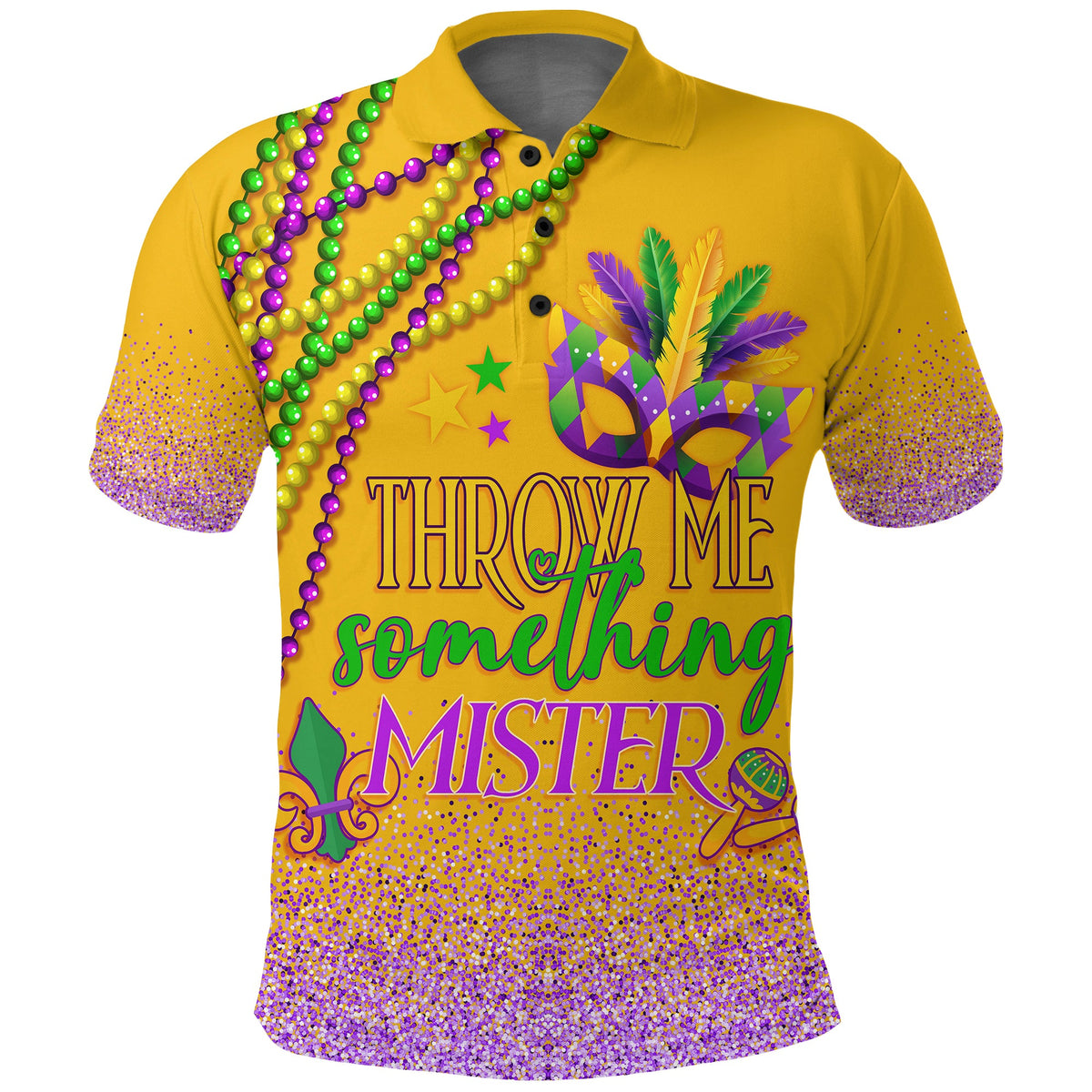Yellow polo shirt with Mardi Gras beaded graphic and Throw Me Mister text