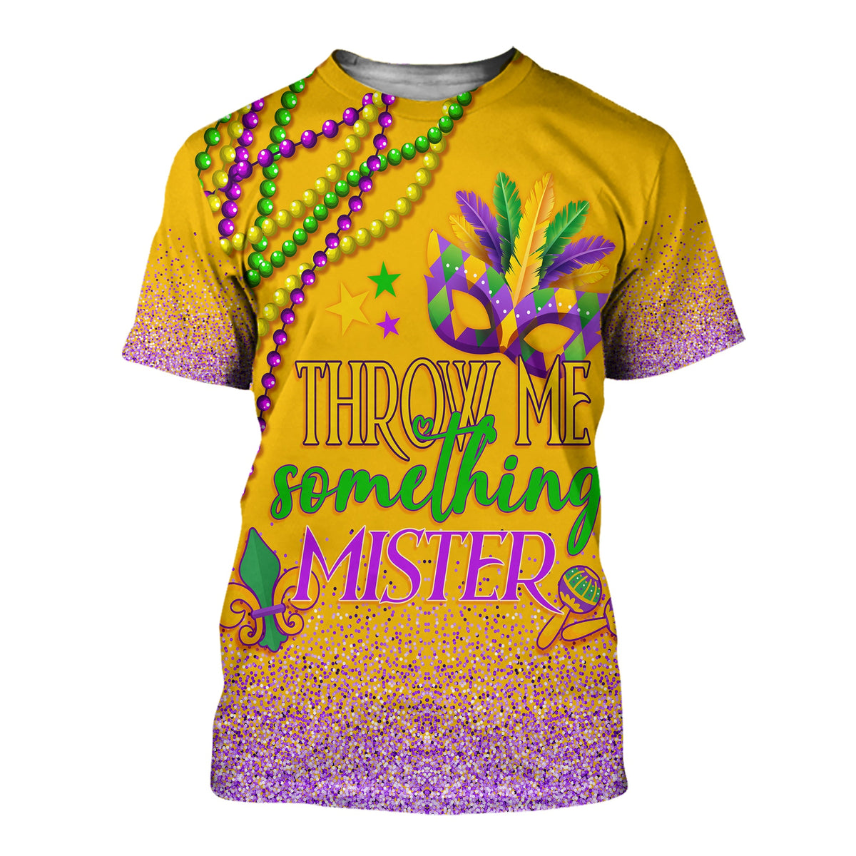 Yellow T-shirt with colorful beads and "Throw me something Mister" graphic