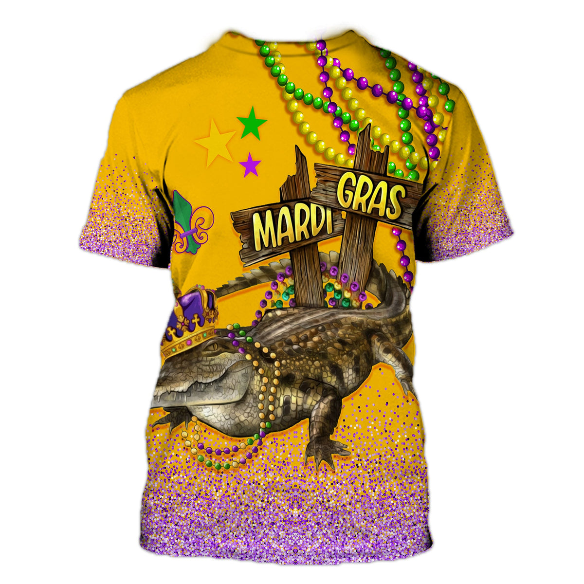 Yellow T-shirt with Mardi Gras beads and "MARDI" and "GRAS" text on back