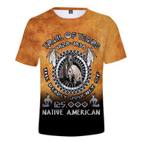 Tan graphic T-shirt with circular horse-dream catcher logo and “Native American” text