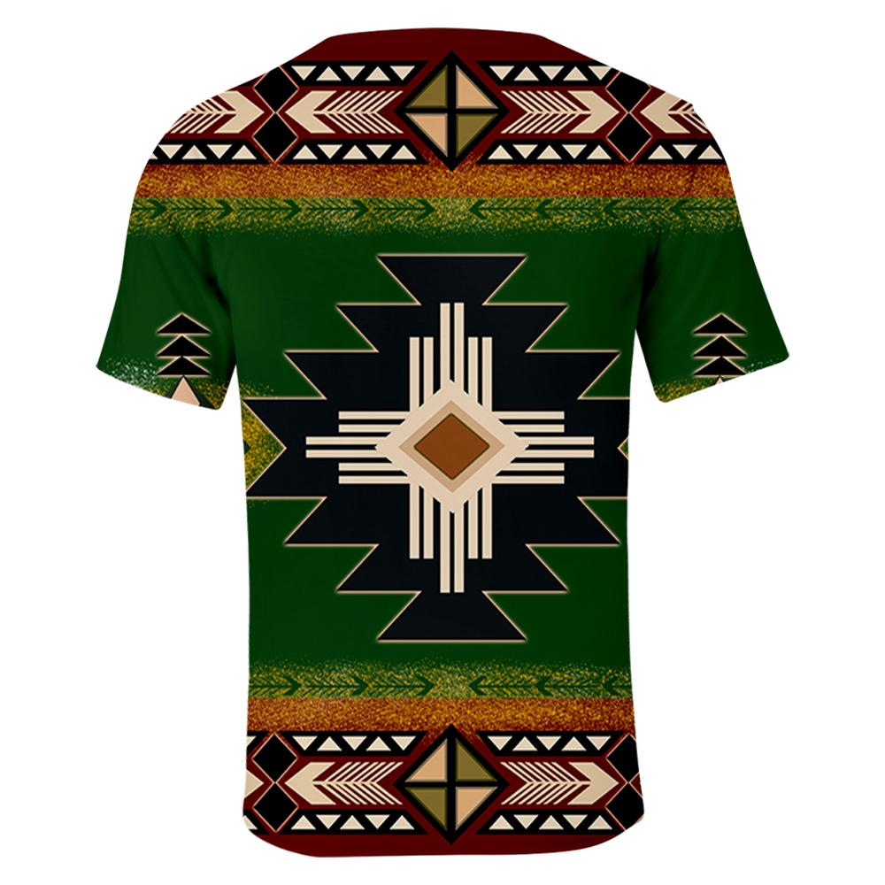 Green Native American geometric 3D T-shirt, back view with central diamond/star motif