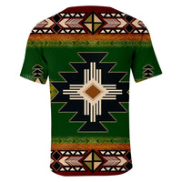 Green Native American geometric 3D T-shirt, back view with central diamond/star motif