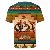 Multicolor Kokopelli myth T-shirt back with green stripes and central panel art