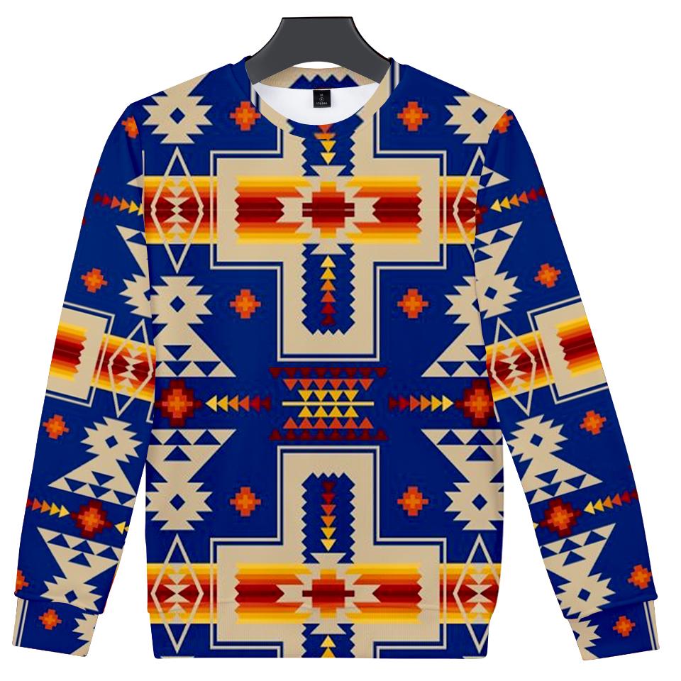 Unisex sweatshirt with bold blue and multicolor 3D Native-inspired geometric print