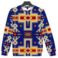 Unisex sweatshirt with bold blue and multicolor 3D Native-inspired geometric print
