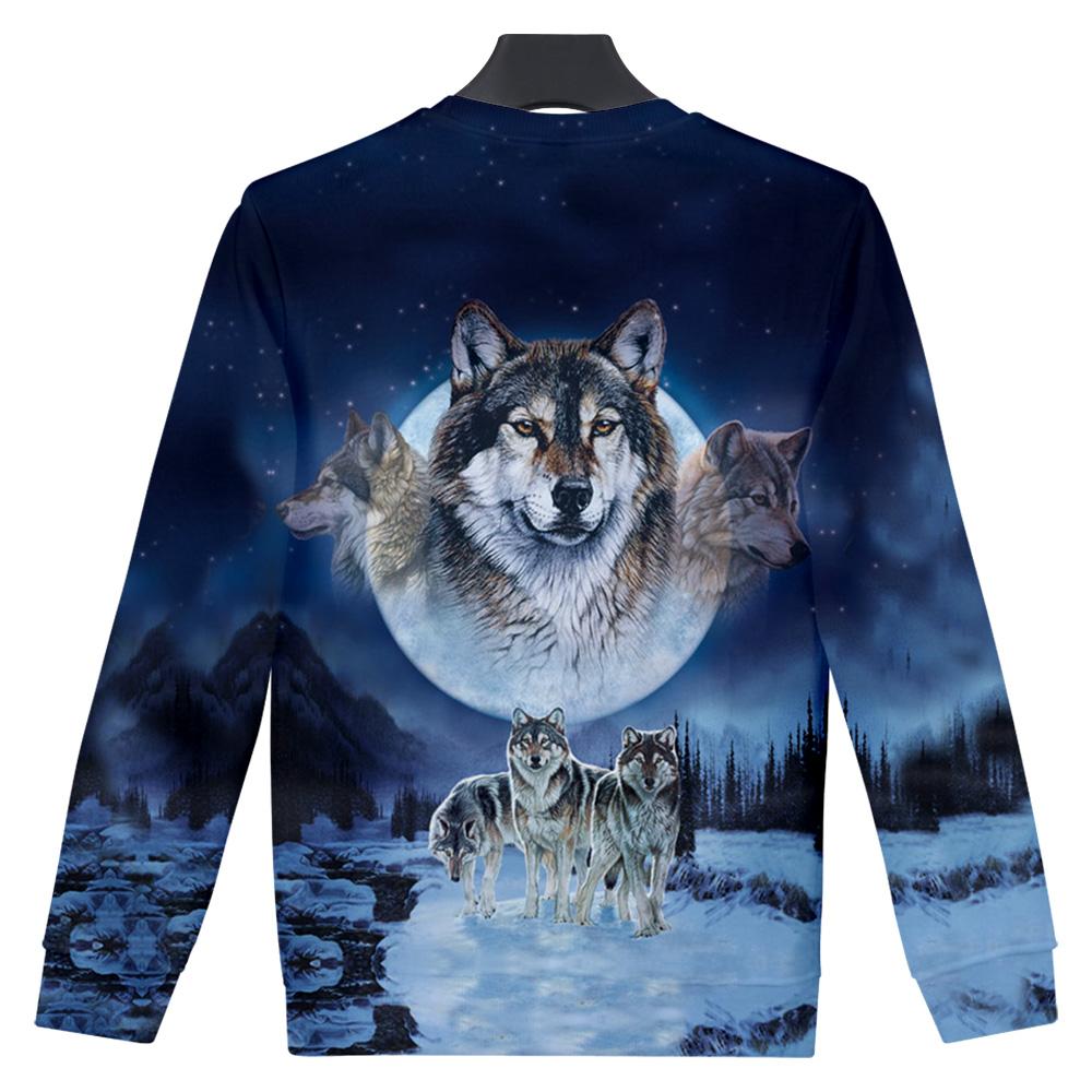Navy wolf sweatshirt back print with large wolf face and howling pack