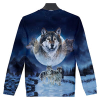 Navy wolf sweatshirt back print with large wolf face and howling pack