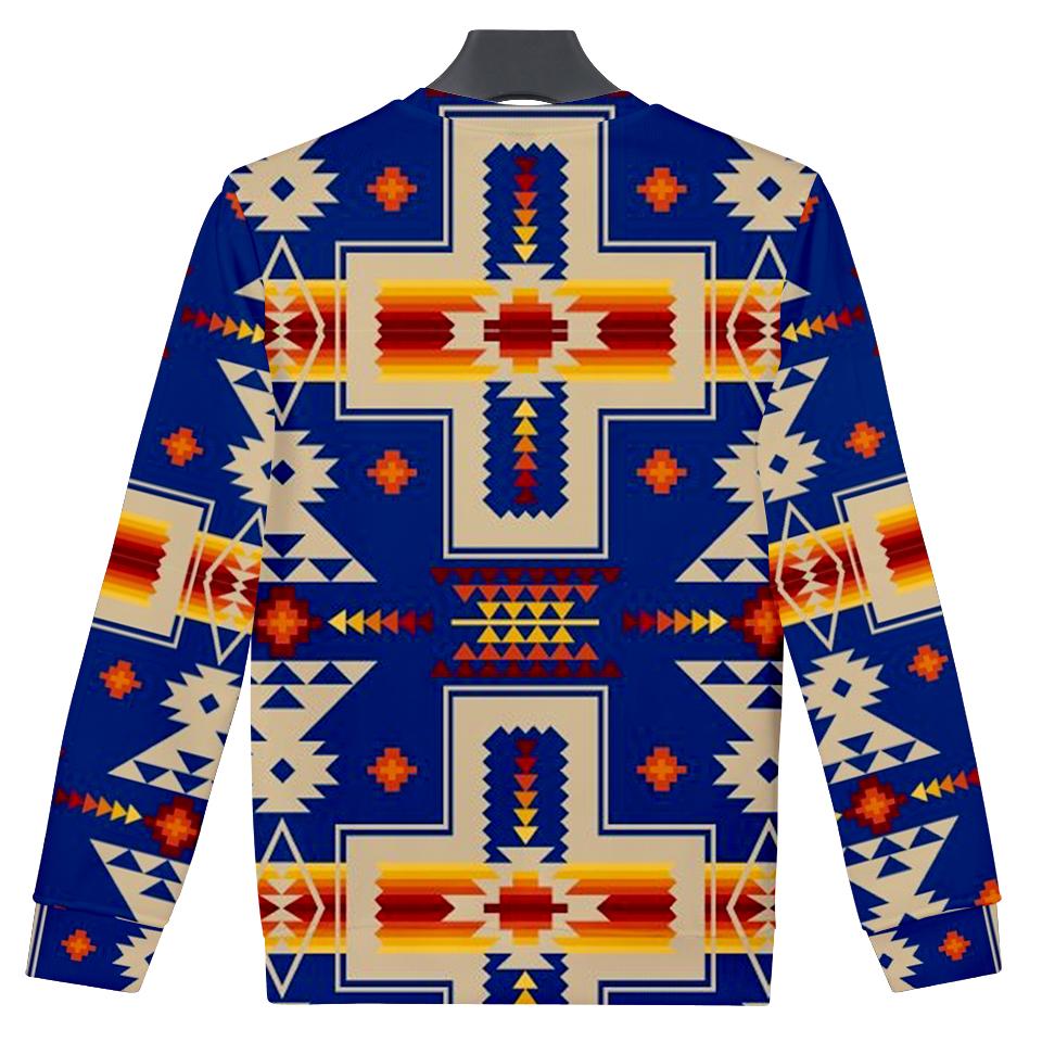 Back view unisex sweatshirt with blue base and multicolor Native-inspired geometric pattern