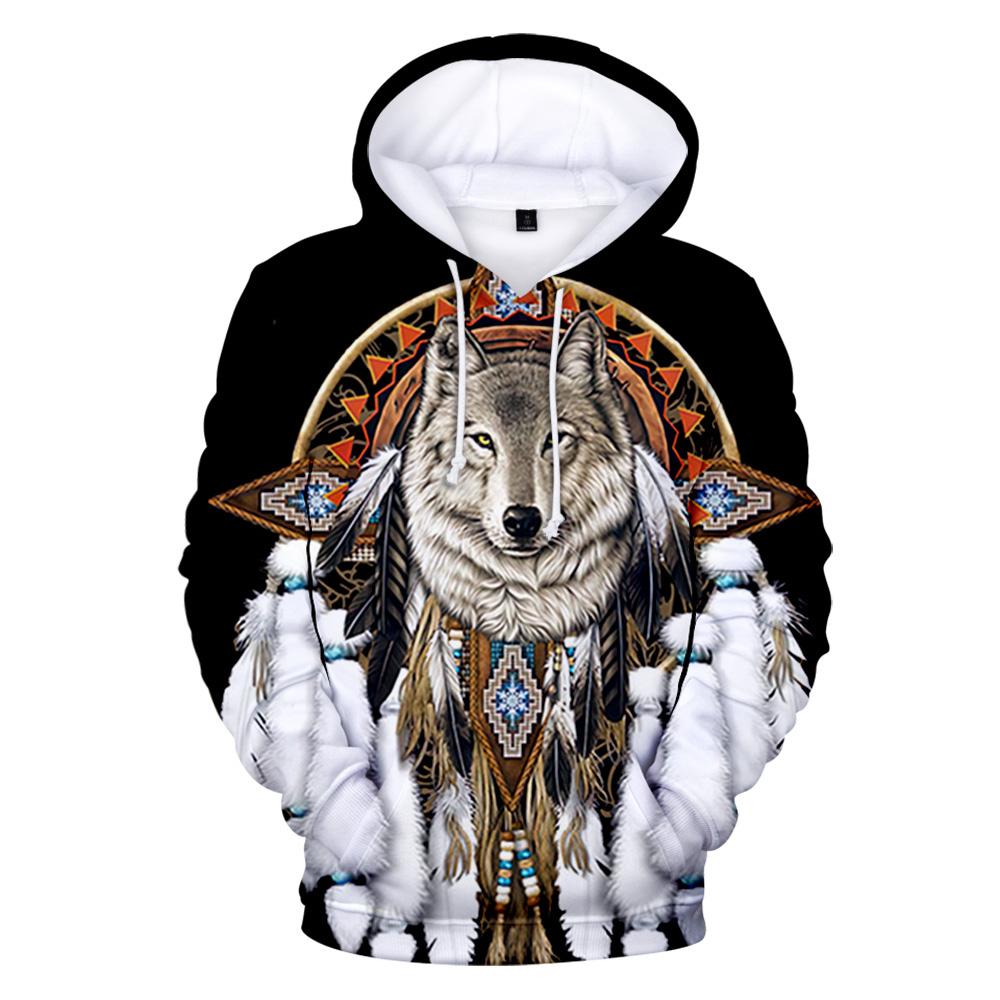 Black pullover hoodie with large wolf and dreamcatcher feather graphic, front view