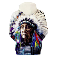 Pullover hoodie with all-over chief portrait print, hooded neckline facing away