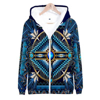 Blue Native mandala zip hoodie with navy hood and gold oval center design