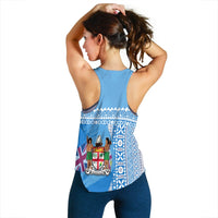 Blue racerback tank back view with white tapa pattern band across the lower back