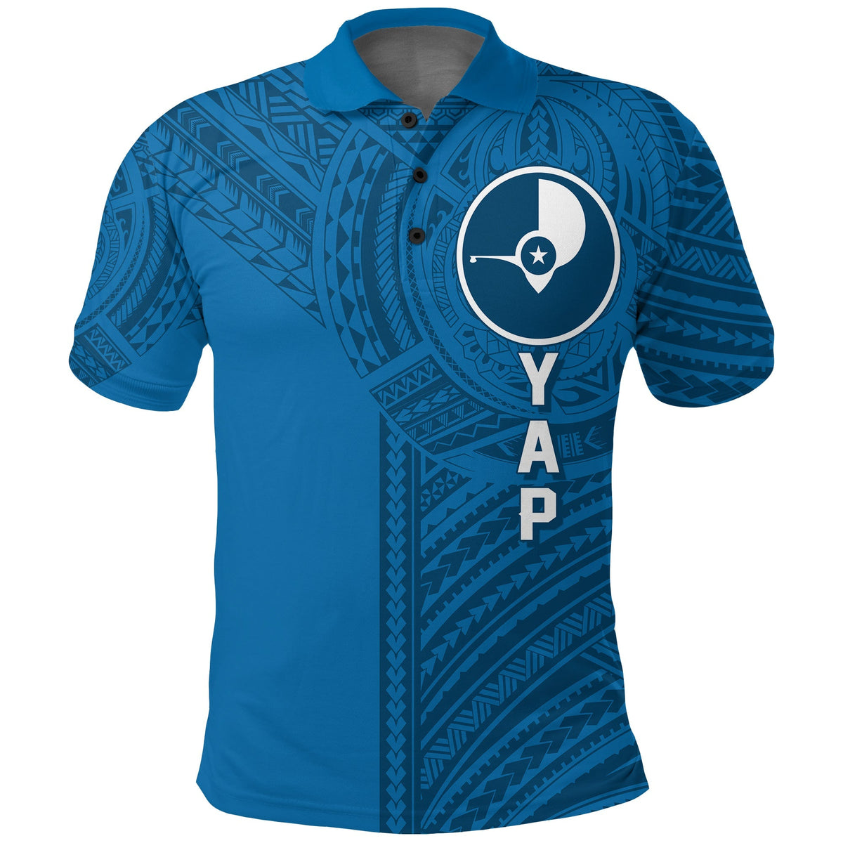 Blue polo shirt with Polynesian tattoo pattern and circular front logo