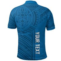 Blue polo shirt, back view, ornate tattoo pattern with vertical logo text