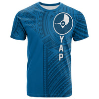 Blue t-shirt with Polynesian tattoo pattern and circular logo, 'YAP' vertical