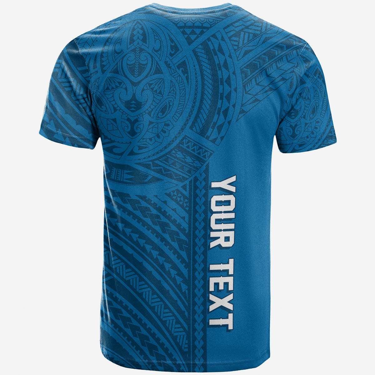 Blue t-shirt back with Polynesian tattoo pattern and vertical white lettering