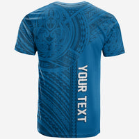 Blue t-shirt back with Polynesian tattoo pattern and vertical white lettering