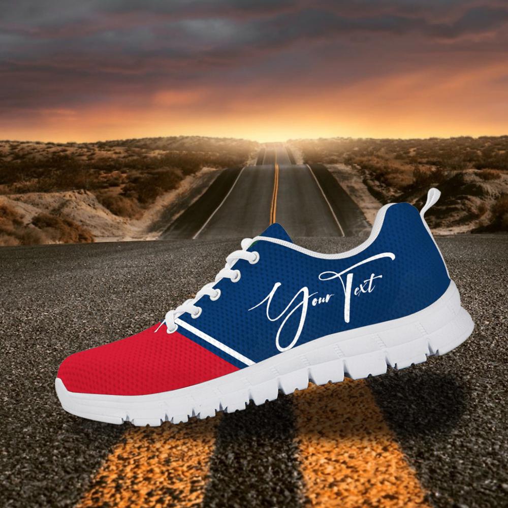 Custom sneakers with blue upper, red toe, white laces, white sole, and white cursive signature