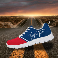 Custom sneakers with blue upper, red toe, white laces, white sole, and white cursive signature