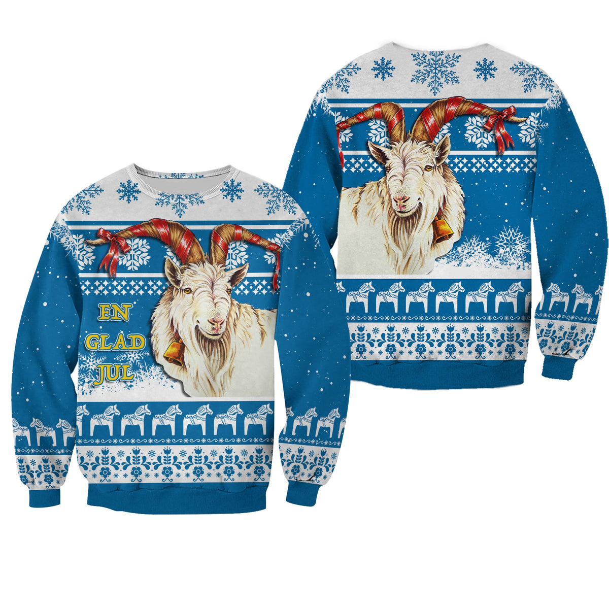 Blue unisex Christmas sweatshirt with goat Dala horse and snowflake pattern