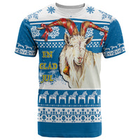Blue holiday T-shirt: goat portrait with 'En Glad Jul' text, snowflakes & Dala horses