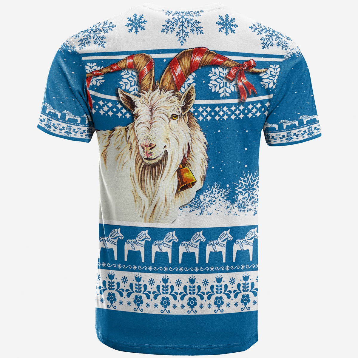 Blue holiday T-shirt back: large goat graphic with red ribbon bows and snowflake pattern