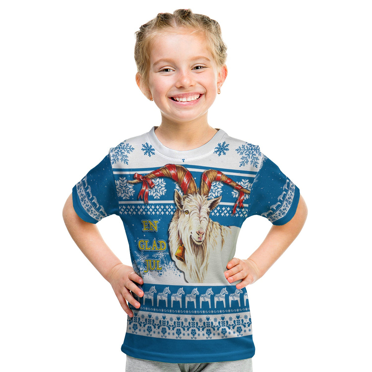 Blue kid's Christmas T-shirt with goat graphic, bows, snowflakes, and 'En Glad Jul' text