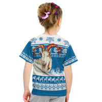 Blue kid's Christmas T-shirt back with goat head, red bows, and striped Nordic snow pattern