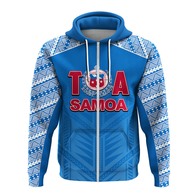 Blue rugby jersey zip hoodie with patterned sleeves, hood, and white drawstrings.