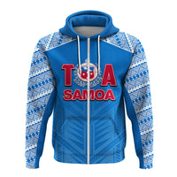 Blue rugby jersey zip hoodie with patterned sleeves, hood, and white drawstrings.