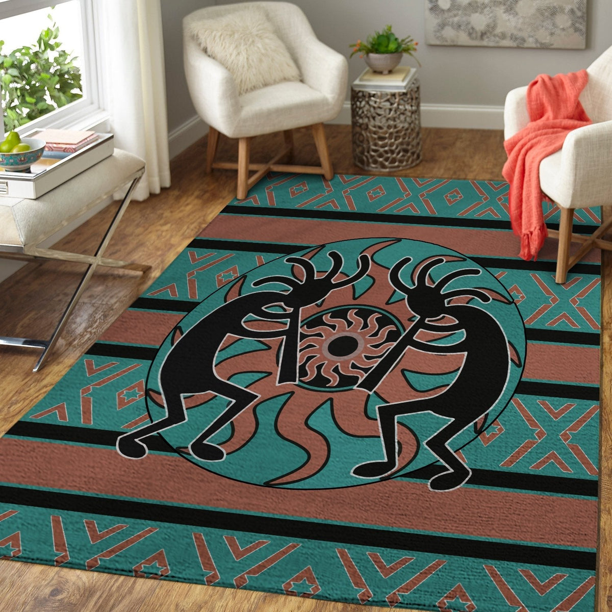 Teal and rust Kokopelli rug with black outline and geometric stripes along the perimeter