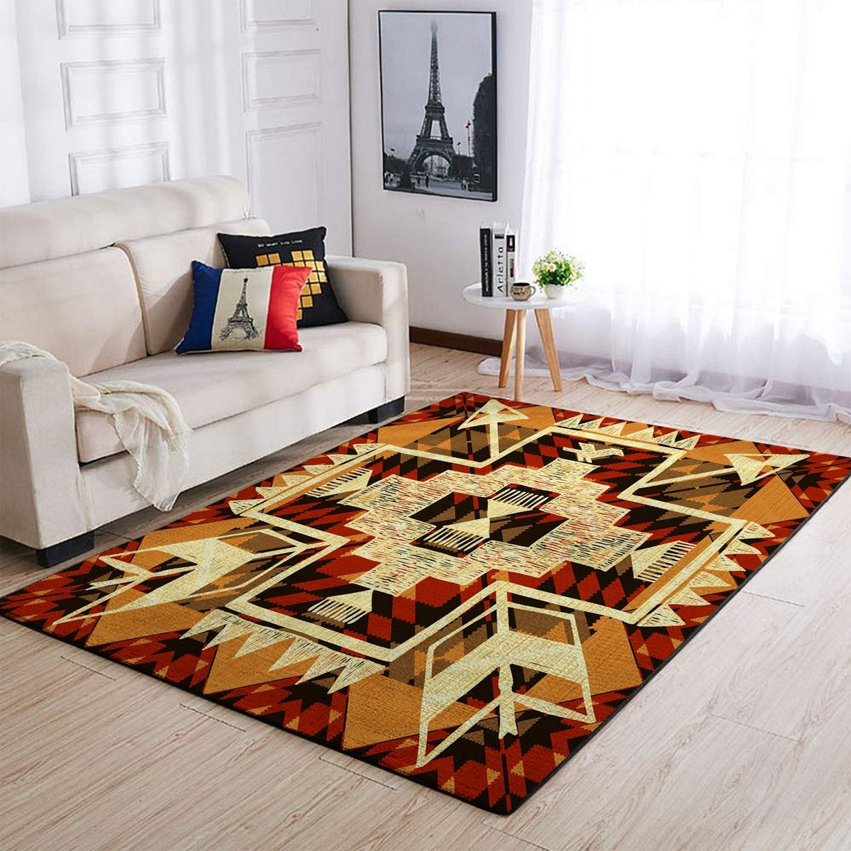 Geometric tribal arrow rug with orange-brown tones and cream cross star at center