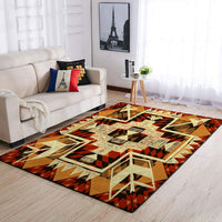 Geometric tribal arrow rug with orange-brown tones and cream cross star at center