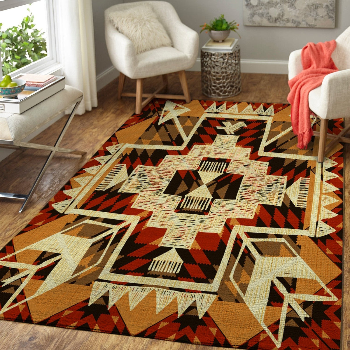 Close view of tribal arrow area rug; cream central cross with orange, black and red triangles