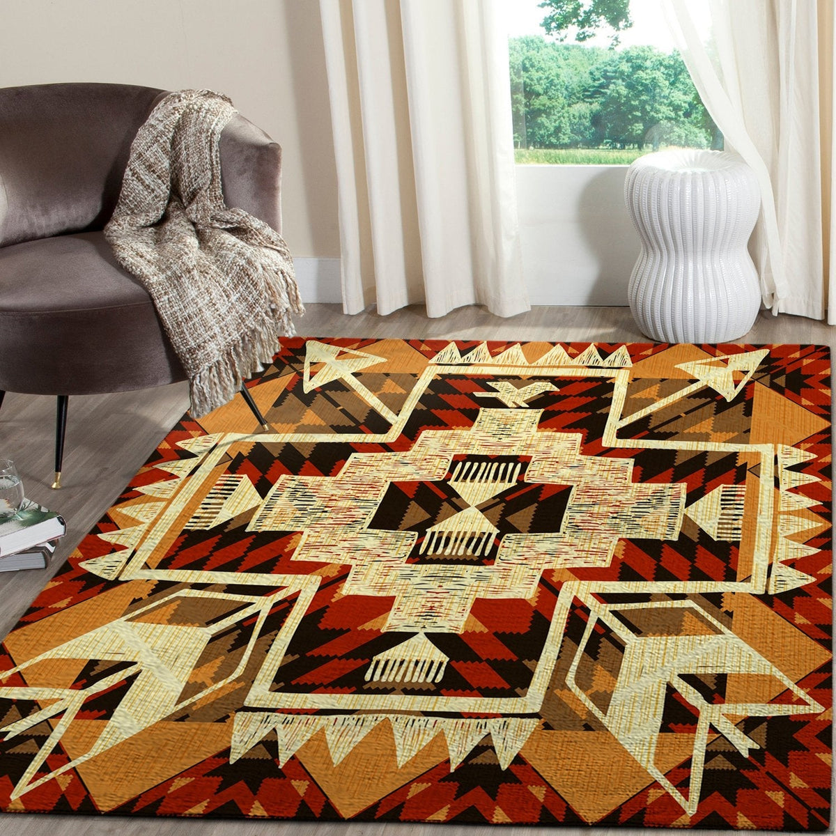 Tribal arrow rug with orange-brown base; cream cross-star design and red, black geometric trim