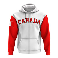 White zip hoodie with red sleeves, CANADA graphic, front kangaroo pocket, hood drawstrings