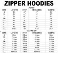 Zipper hoodie size chart with length, bust, shoulder, and sleeve in inches and cm