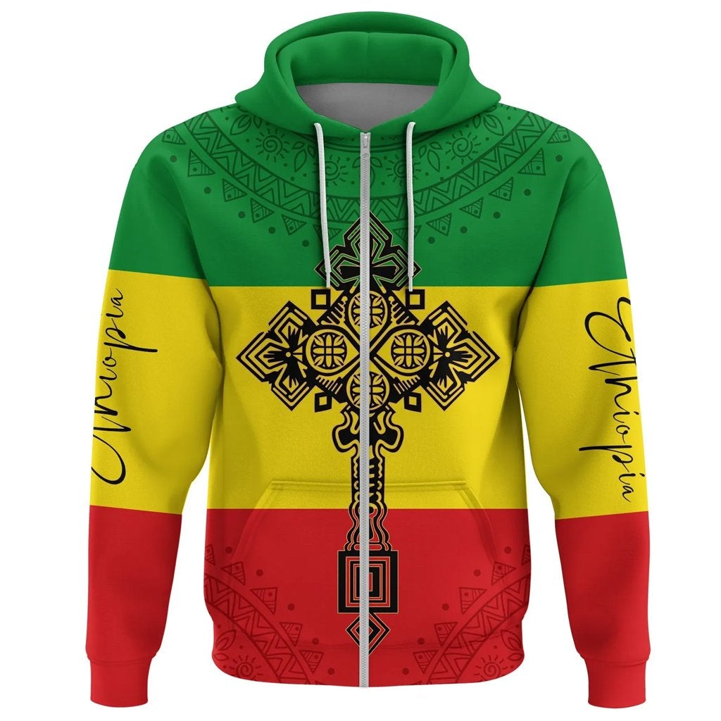 Zip hoodie with Ethiopia cross flag print, multicolor front panel and zipper