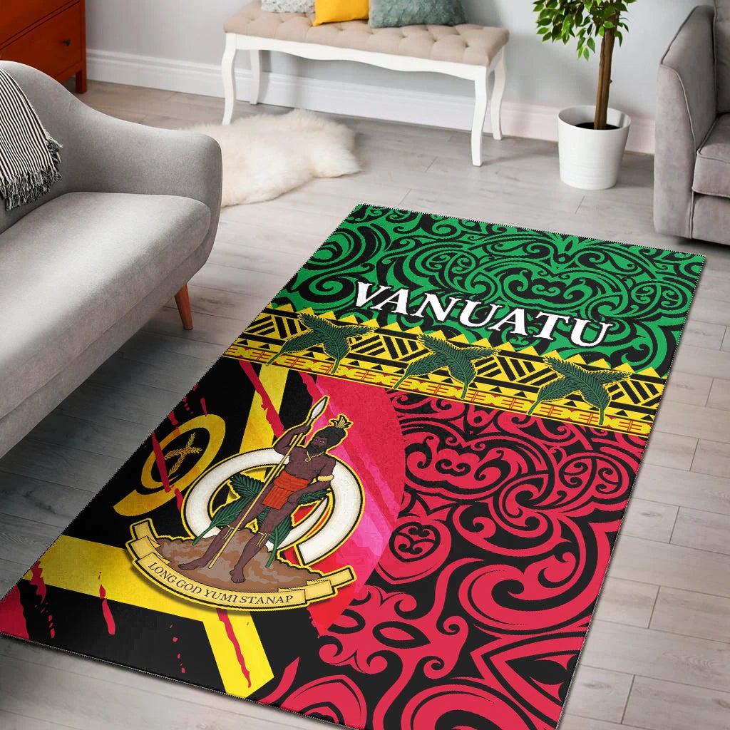 Green, red, yellow and black Vanuatu rug with coat of arms and swirling pattern